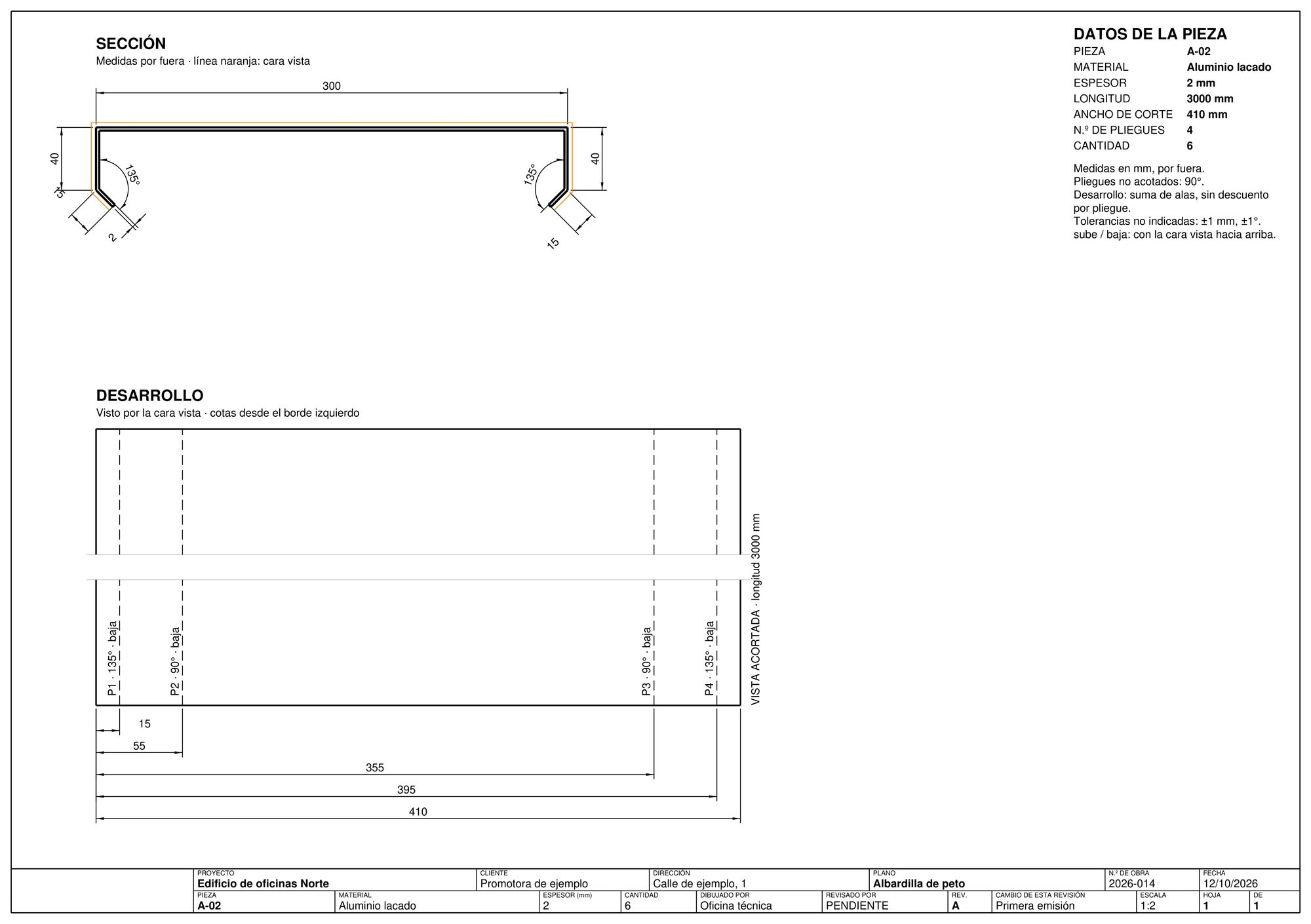 Plano de taller de una albardilla de peto generado por Monolith: sección, desarrollo, datos de la pieza y cajetín