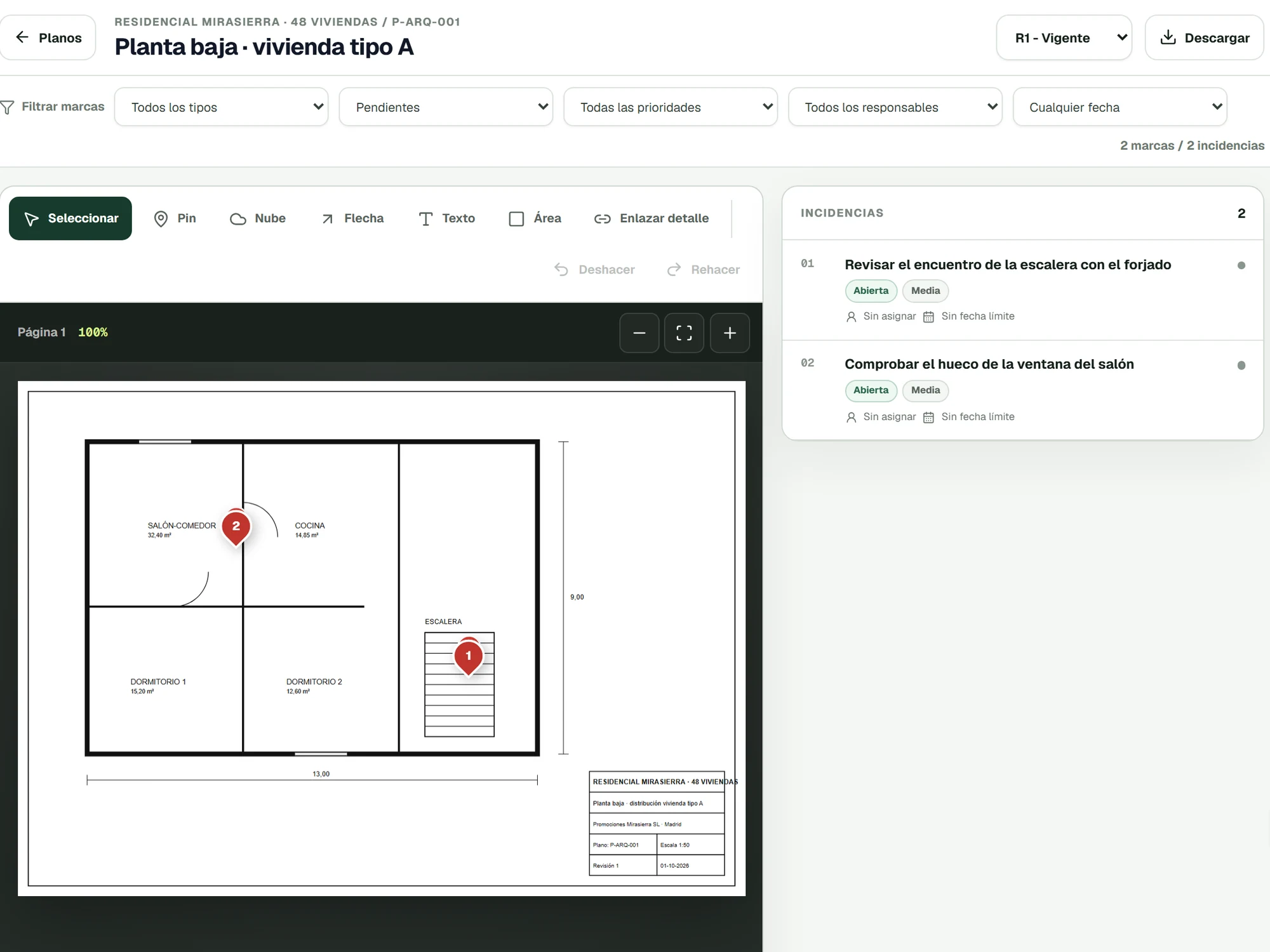 Pantalla de Planos de Monolith: el plano de una vivienda con dos marcas y, al lado, sus dos incidencias